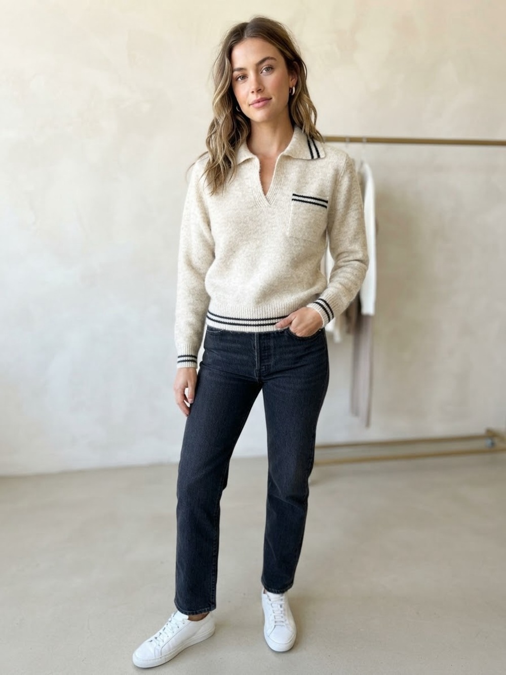 WOOL-BLEND COLLAR STRIPED
TRIM OVERSIZED SWEATER
